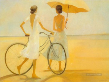 señora con bicicleta en la playa Pinturas al óleo